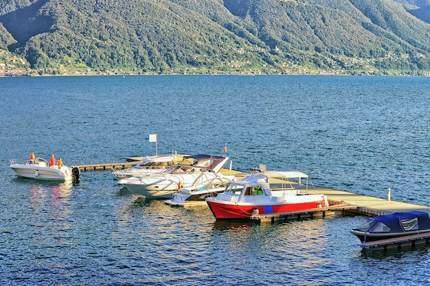 Boats at the embankment of the luxurious resort in Ascona on Lake Maggiore in Ticino canton of Switzerland.