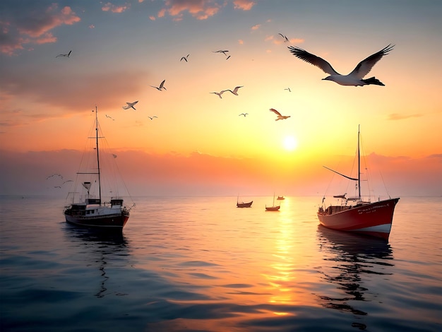 Boats floating in the sea sunrise and flying birds