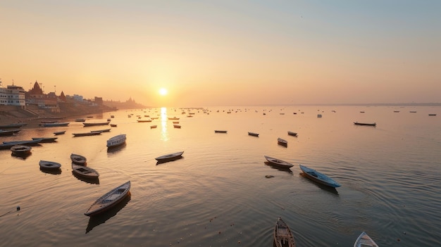 Photo boats on the ganges river at sunrise with a view of the riverbank ai generative