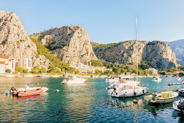 Boats and the harbor of the Adriatic Sea in Omis, Dalmatia, Croatia