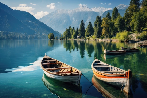 Boats on the Lake in summer and clear water with mountain bacground