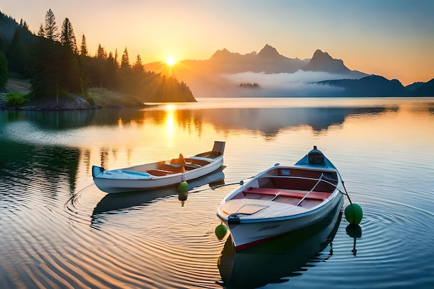 Boats on a lake with mountains in the background