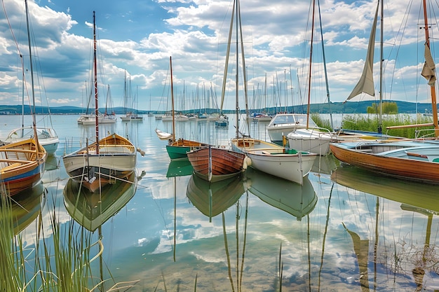 Photo boats moored to a pier on lake balaton in hungary