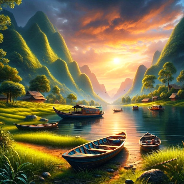 a boats and mountains with a sunset in the background