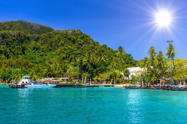 Boats and rocks Phi Phi Don island Andaman sea Krabi Thailan