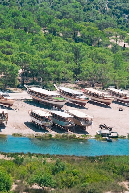 Boats on the shore surrounded by green trees