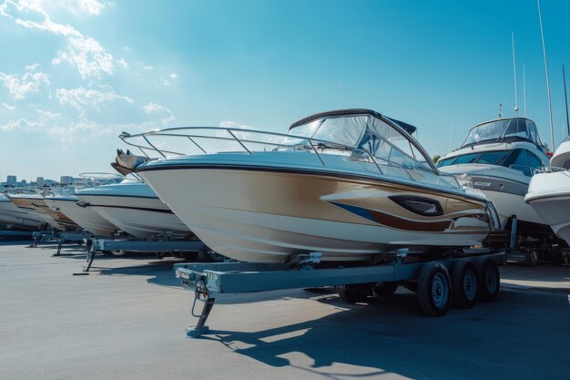 Photo boats on trailers parked in a sunny lot outside a marine sports store for sale or rental on a clear blue sky day