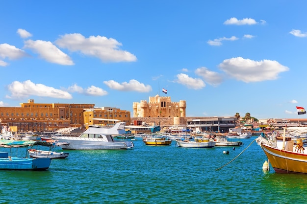 Boats and yachts in the Harbour of Alexandria near Qaitbay Citadel Egypt