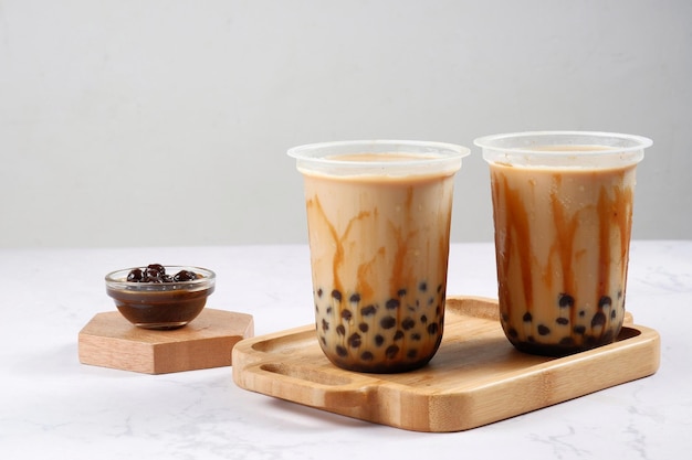 Boba milk tea or Taiwan milk tea with bubble on white background