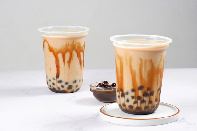 Boba milk tea or Taiwan milk tea with bubble on white background