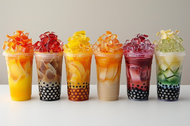 Boba tea in plastic cups of various colors white background front view high resolution photograph