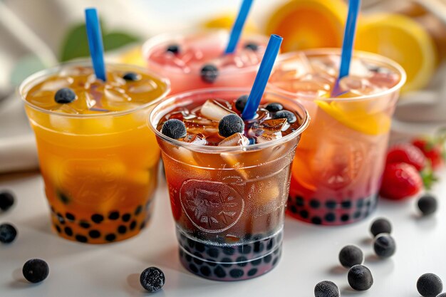 boba teas in plastic cups isolated on a white background with different colors and fluids inside e