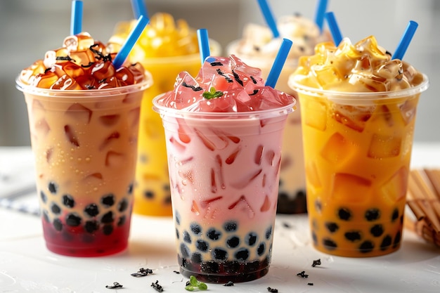 boba teas in plastic cups isolated on a white background with different colors and fluids inside e