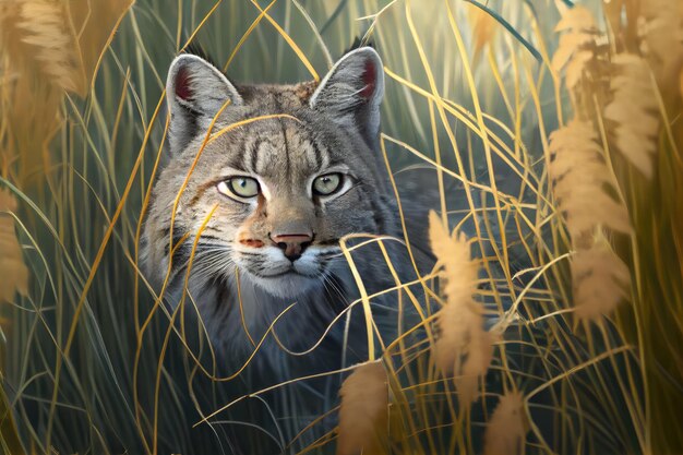 Bobcat hiding in tall grass watching for prey