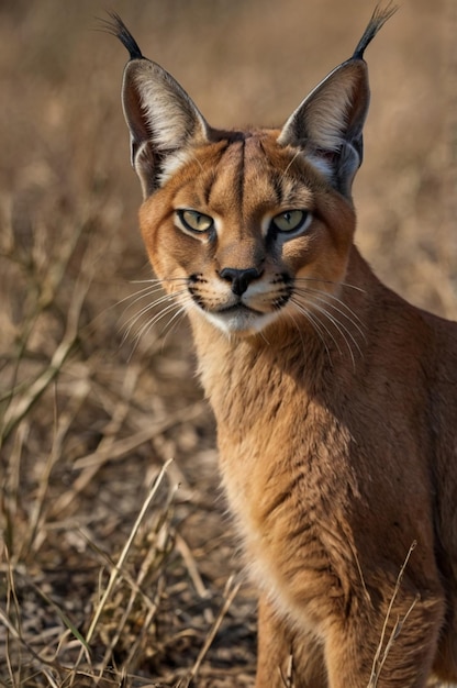 a bobcat is standing in a field with a brown furred cat