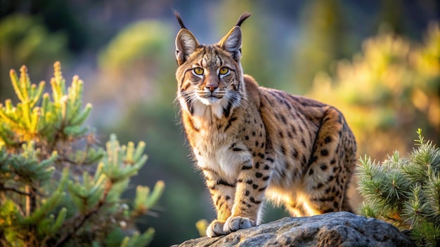 a bobcat is standing on a rock and looking at the camera