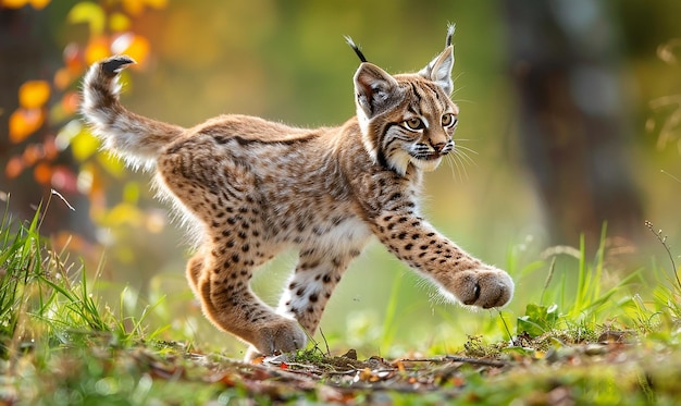 a bobcat is walking in the grass and its cub is walking