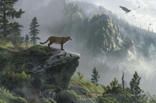 Bobcats on Misty Mountain Cliff