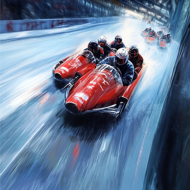 A bobsled team racing down a track with intense speed