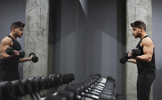 Bobybuilding training. Strong man lifting dumbbells in front of mirror at gym, side view