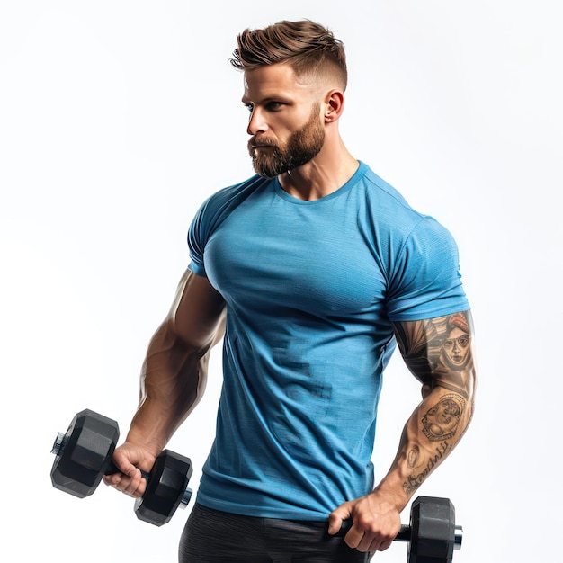 Photo a body builder wearing a blue tshirt holding dumbbells in his hand a white background v 6 job id 571