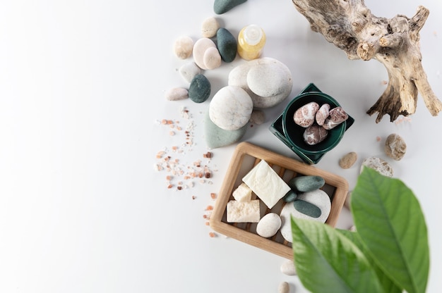 Body care items stack of round stones sea salt salt soap