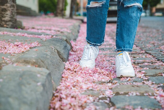 Body parts close up woman walking in white sneakers by fallen off pink sakura flowers