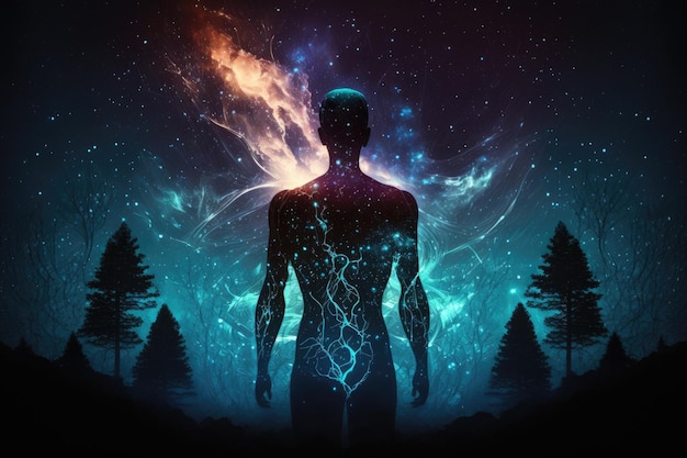 Body silhouette with space and galaxy background milky way spiritual life and belief