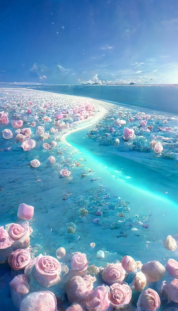 Body of water filled with lots of pink flowers generative ai