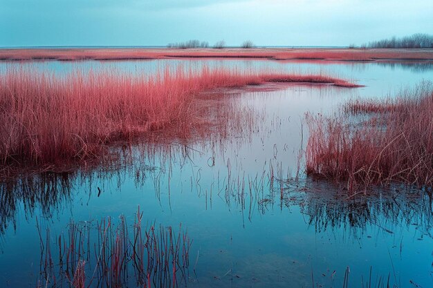 Photo a body of water surrounded by tall grass