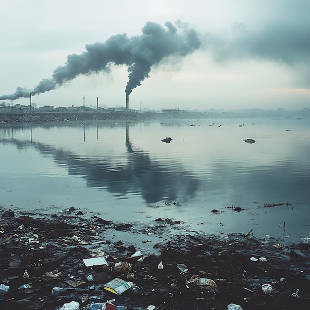 a body of water that has a smoke stack on it