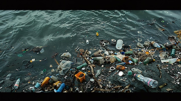 a body of water with many trash and a yellow object in the middle