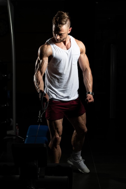 Bodybuilder Exercising Biceps In Undershirt