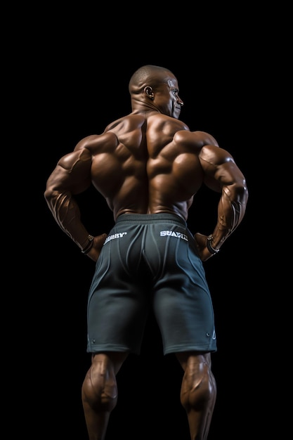 A bodybuilder with a black background and a back pack