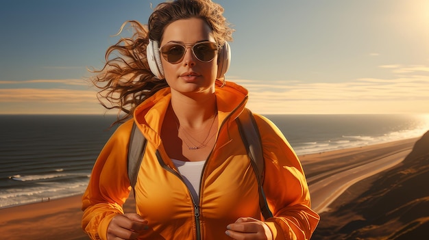 Bodypositive woman jogging by the sea