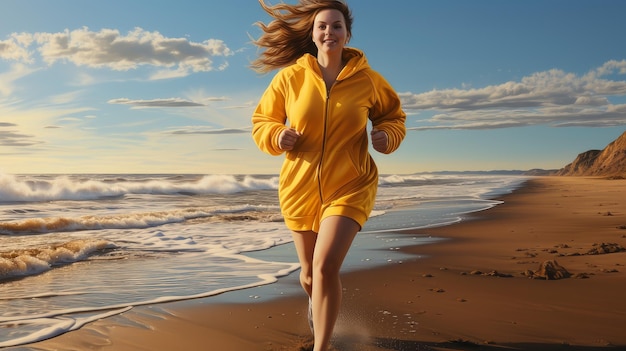 Bodypositive woman jogging by the sea