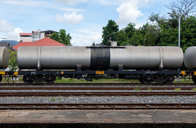 The bogie of the oil tanker in the freight train is parking in the railway yard