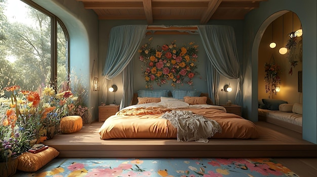 Photo a bohemian bedroom with a large bed floral wallpaper and a window overlooking a garden