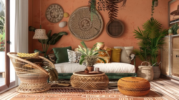 Photo bohemian chic living room interior design