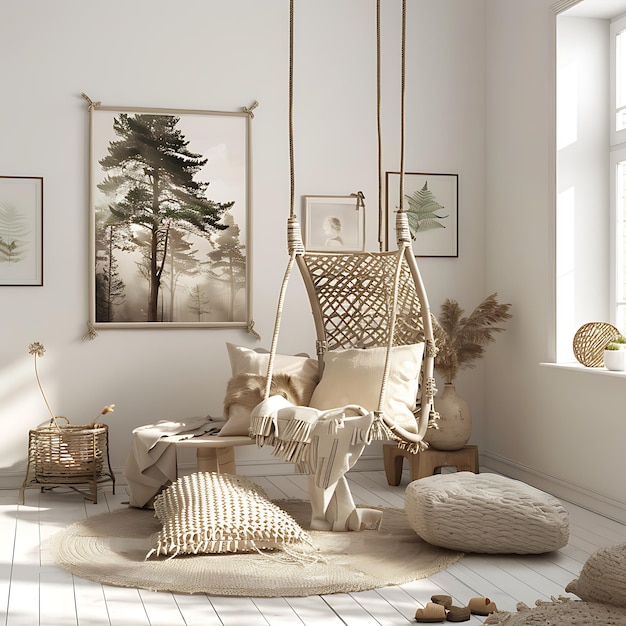 Photo bohemian chic living room with hanging chair