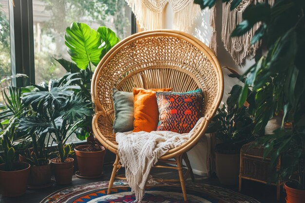 Photo bohemian chic living room with wicker chair