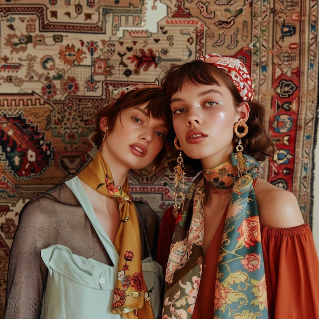 Photo bohemian fashion stylish women posing in front of intricately patterned tapestry