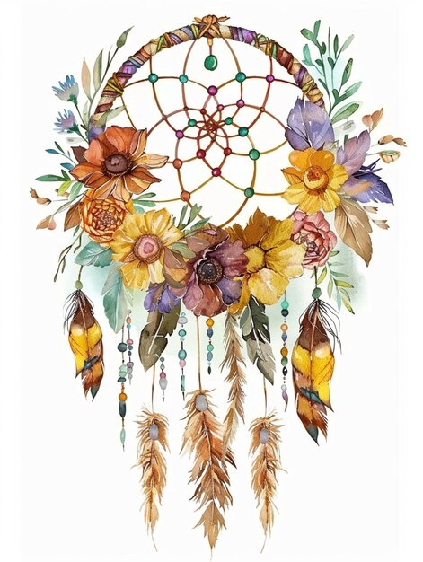 bohemian floral dreamcatcher in vivid watercolor theme