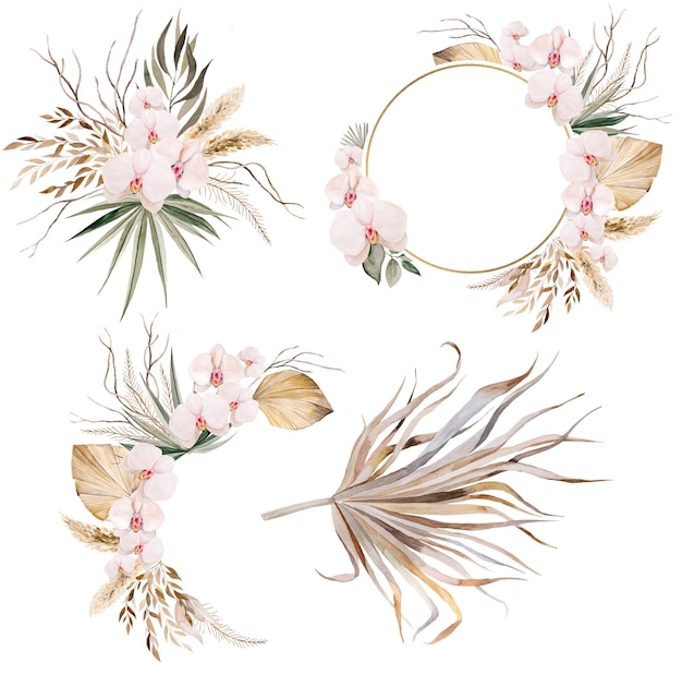 Bohemian frames and bouquets made with Watercolor tropical leaves and orchid flowers illustration