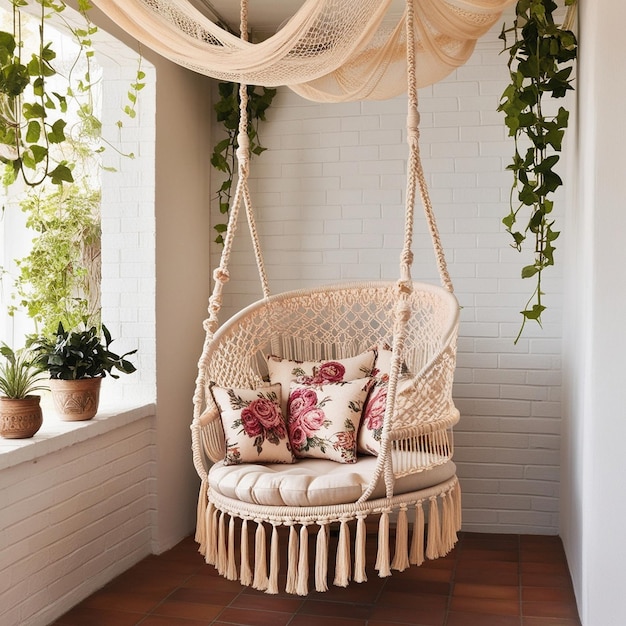 Photo bohemian hanging swing with macram and floral accents