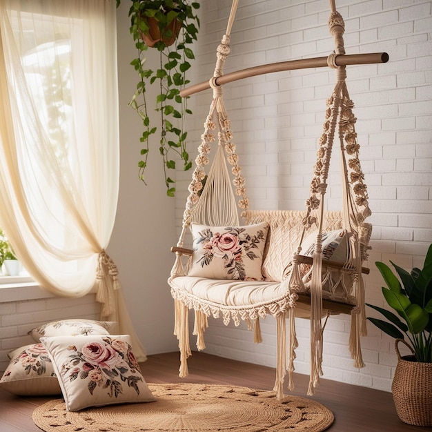 Photo bohemian hanging swing with macram and floral accents