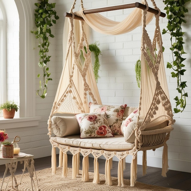 Bohemian Hanging Swing with Macram and Floral Accents