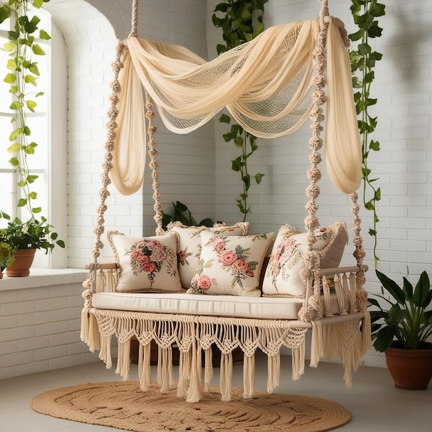 Bohemian Hanging Swing with Macram and Floral Accents