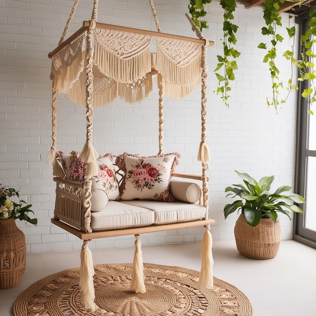 Photo bohemian hanging swing with macram and floral accents