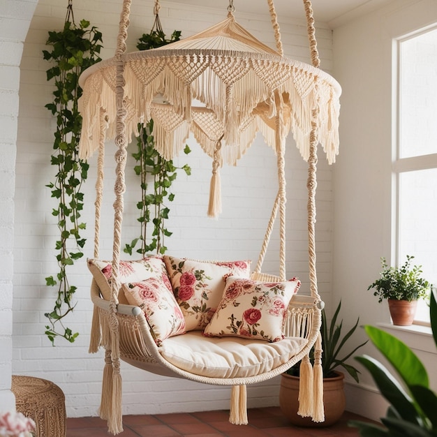 Photo bohemian hanging swing with macram and floral accents